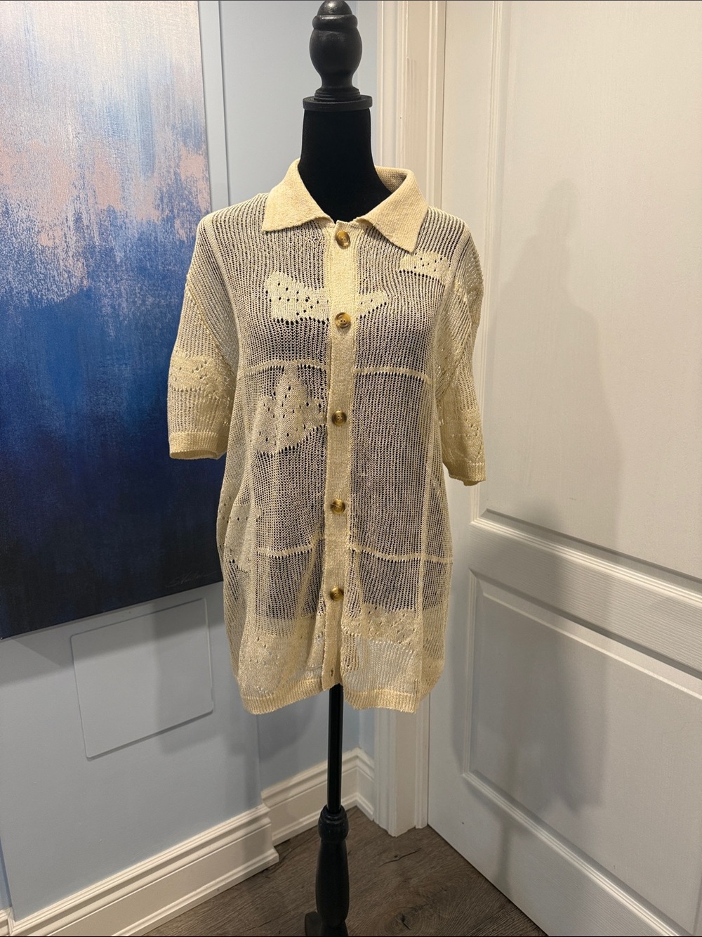 Topman Light Cream/Gold Short-Sleeve Knit Cardigan with Collar